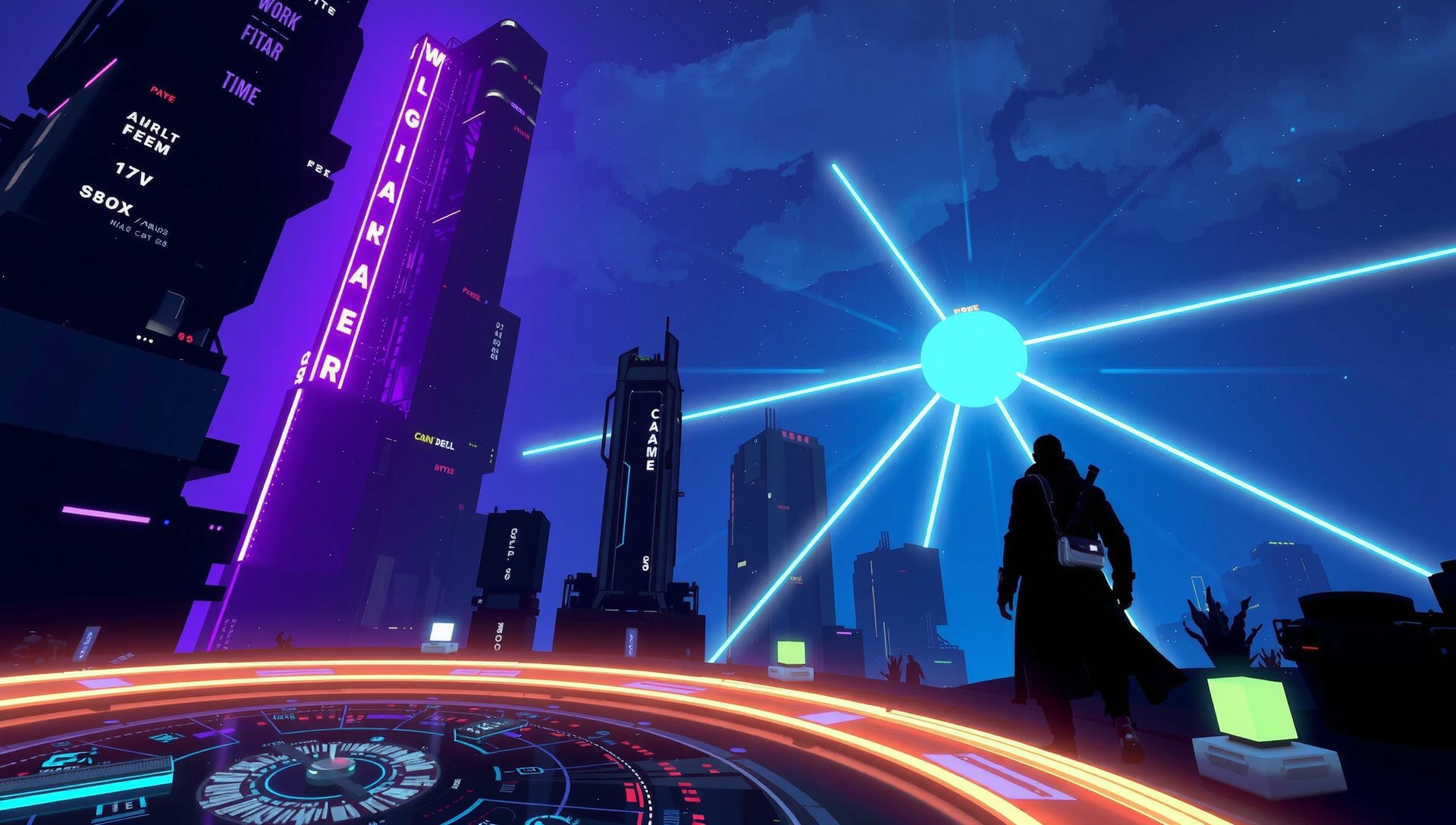 Cinematic montage of immersive PC game worlds by PlayThreadX, featuring cyberpunk cityscapes and futuristic elements