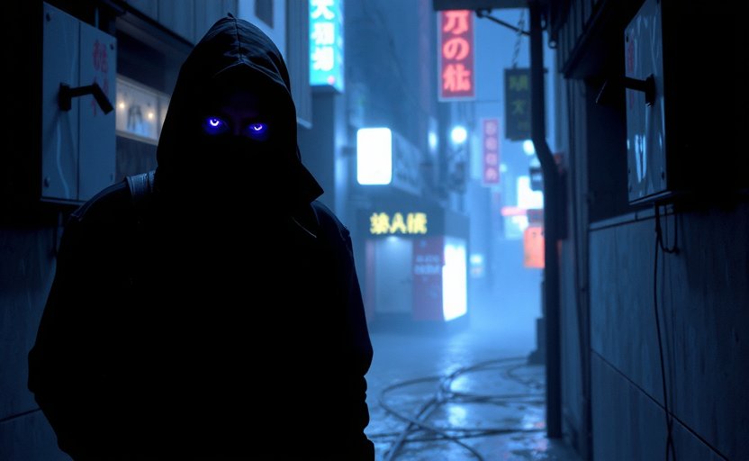 Shadow Threads: Immersive cyberpunk PC game screenshot showing shadowy protagonist in neon alleys